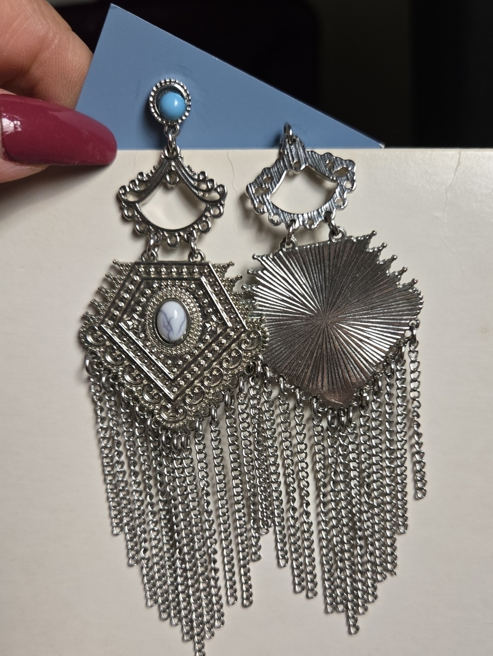 Vintage Silver Filigree Chandelier Earrings with Fuax Turquoise Studs - Picture 6 of 15